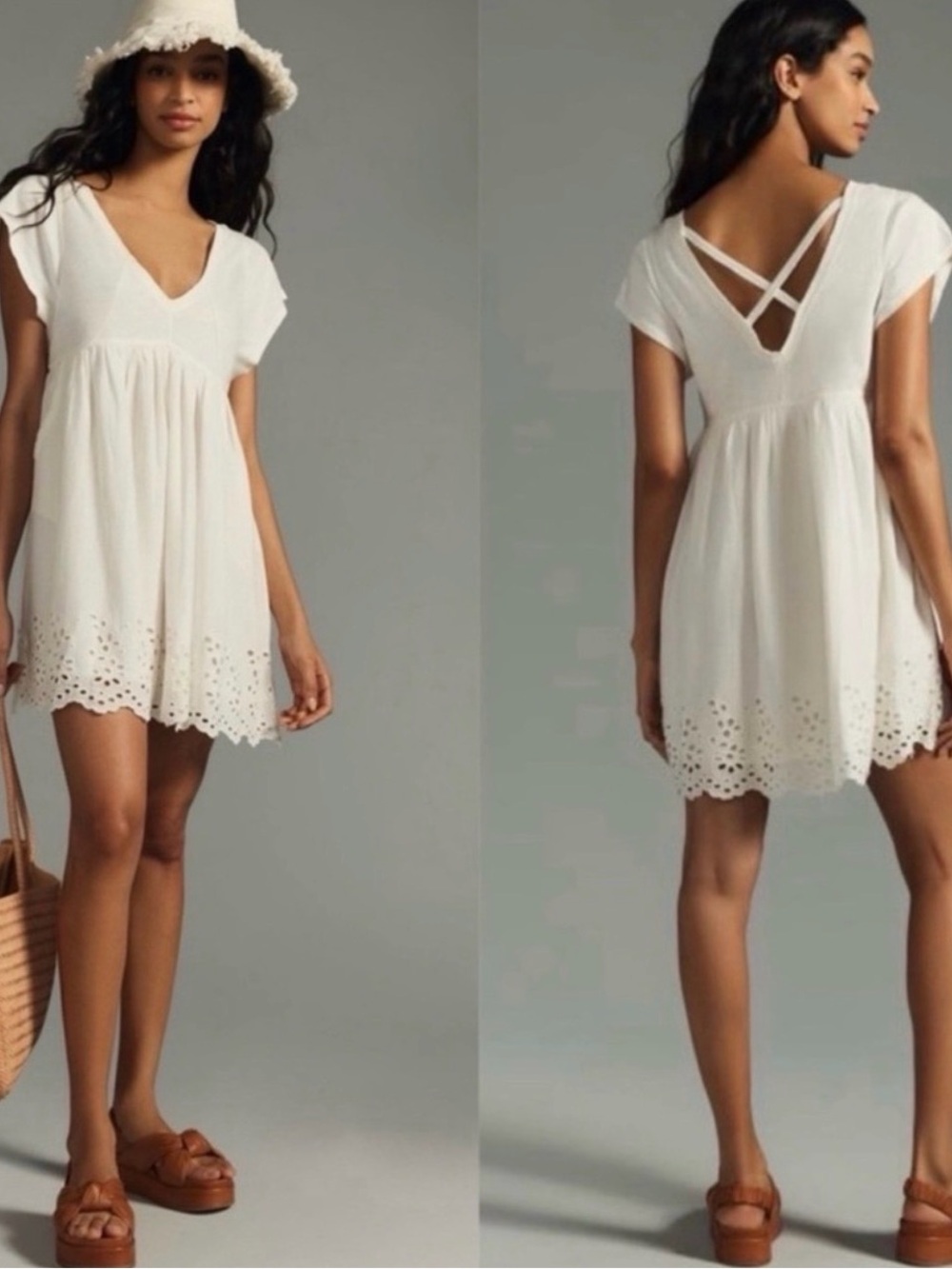 Anthropologie White Eyelet V-Neck Mini Dress with Crisscross Back Straps